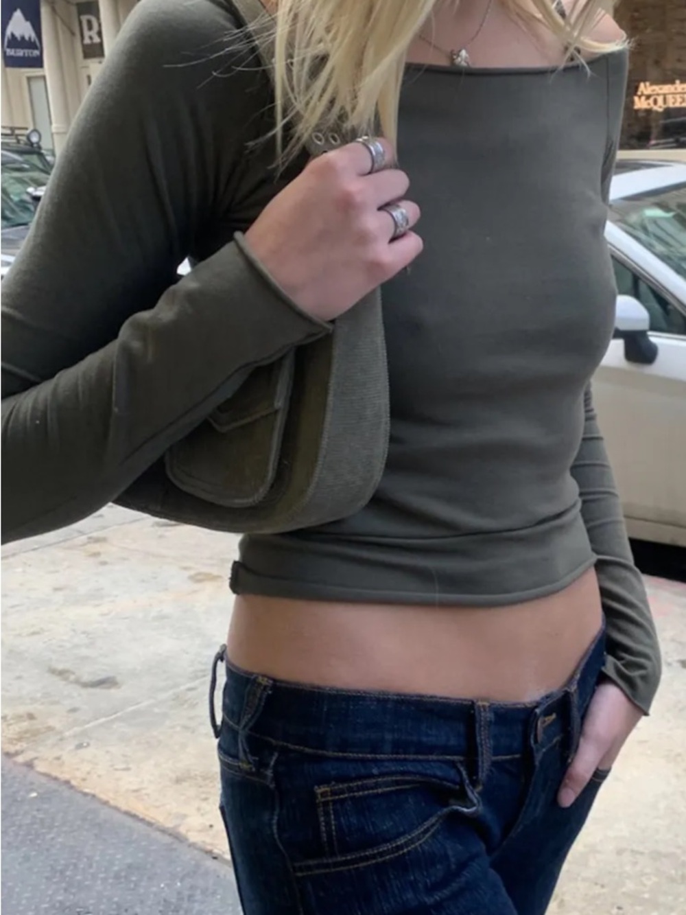John Galt Brandy Melville Olive Off-Shoulder Long Sleeve Top